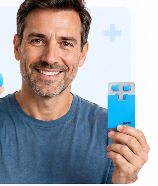 A man holding a HardRx tablet and pack